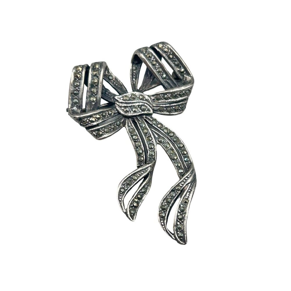 Vintage Bow Brooch Pin Sterling Silver & Marcasite Stones Ribbon Jewelry